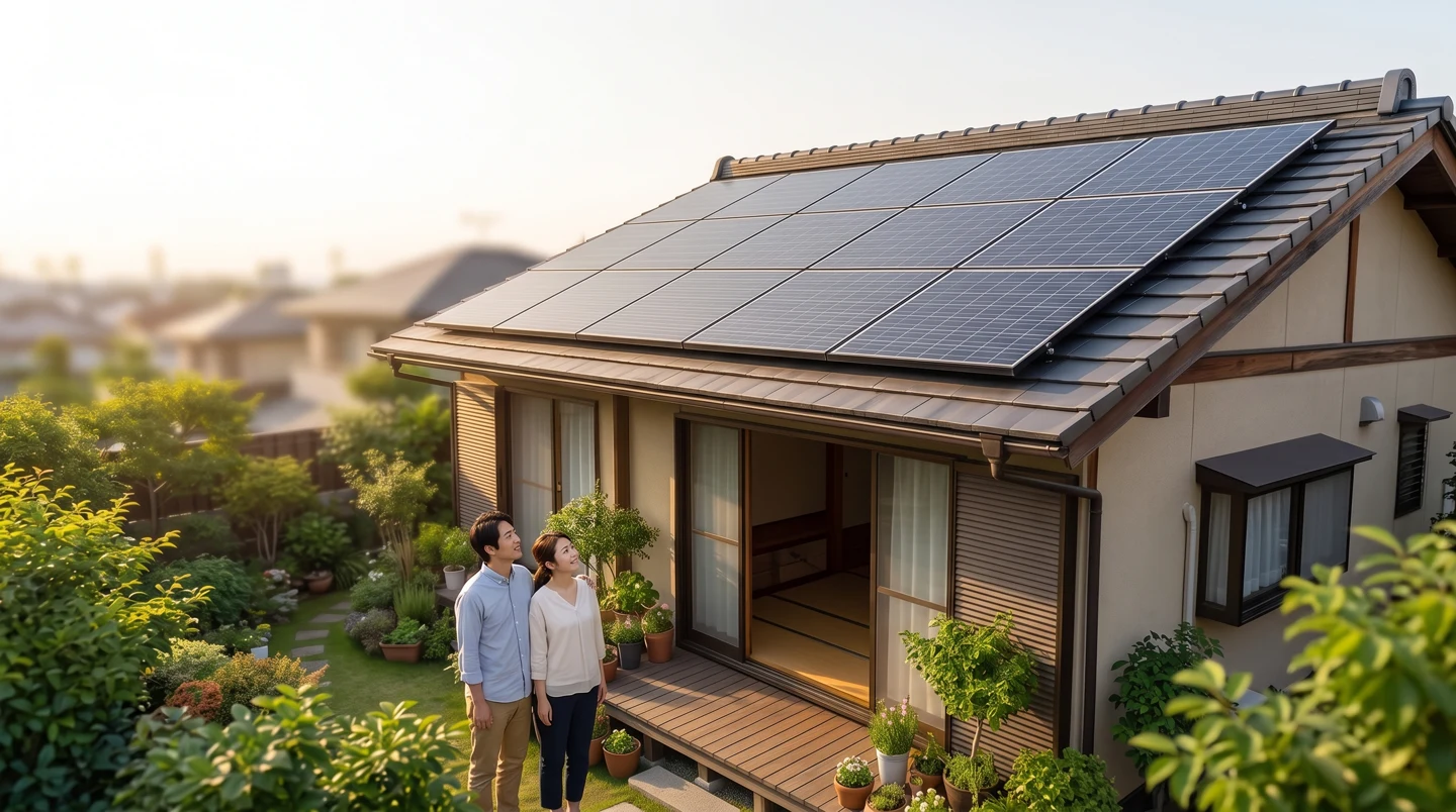 屋根にソーラーパネルを載せた家と太陽、電気代がお得になるイメージ